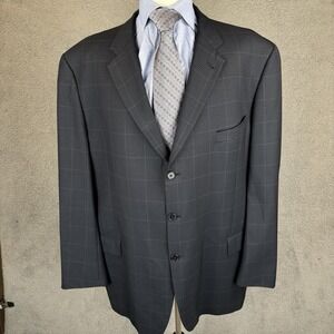 Joseph Abboud 48L Windowpane Check Blazer Men Navy Wool 3 Button Jacket